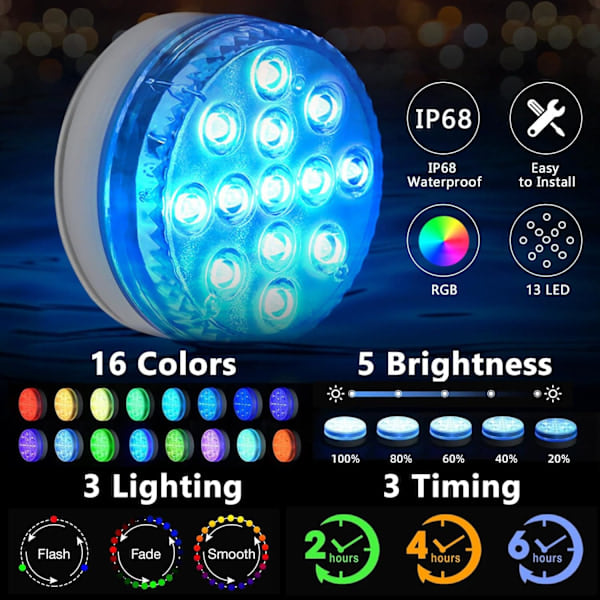 \"QD\" Poolbelysning, 4 st LED undervattenspoollampor, 16 RGB LED poollampor, fjärrkontrollampor IP68 vattentäta poollampor
