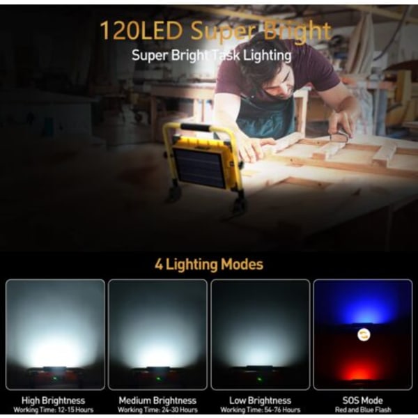 #QD#100W Aurinkokennolataus LED-työvalo, 120 LED-työvalo, 12000mAH akku Vedenkestävä USB-virtapankki auton korjaukseen, autotalliin, retkeilyyn