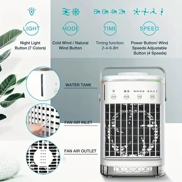 Bærbar Mini Luftkjøler USB AC / Klimaanlegg Vifte Luftfukter, 4 Vindmoduser