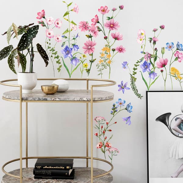 Växtväggdekaler, glasfönsterdekaler, rosa blommor, vägg