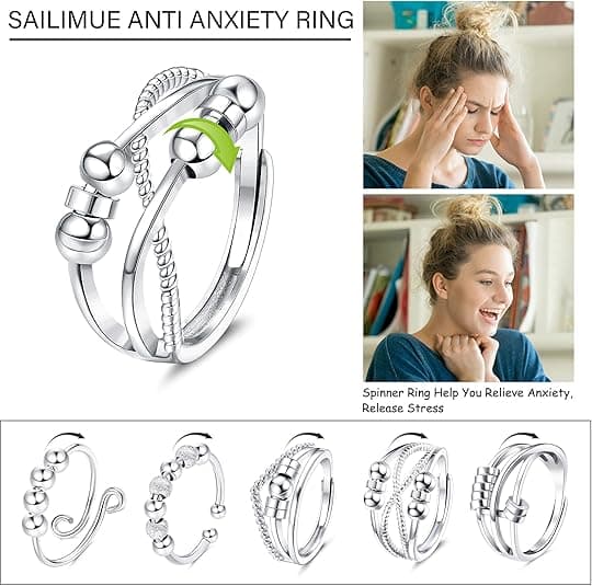 9 Pieces Anxiety Rings for Women and Men, Adjustable Stackable Spinner Rings with Beads for Stress Reduction Silver - B
