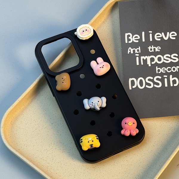 QU/3D DIY Mobilskal för iPhone 13 14 15 Pro Max Roliga Tecknade Mjuka Silikonhål & Berlocker Kompatibla Alla Modeller Black Set For iPhone12 pro