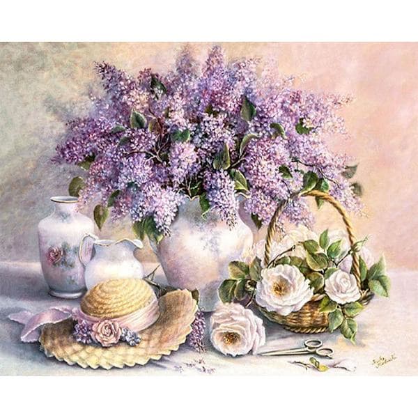 QU)30x40cm, Lila blomma 5D diamantmålning strassbroderi c