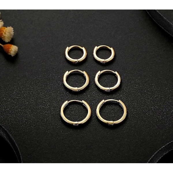 QD-3 Par Små Brusk Ring Øreringe til Kvinder Mænd, Allergivenlige Sterling Sølv Stifter Huggie Øreringe, 8/10/12mm Guld-8/10/12mm -