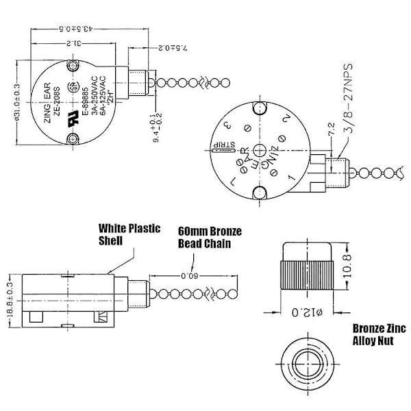 3 stk Ze-208S E89885 3 hastigheter 4 ledninger trekkbryter takvifte lysbryter reservedel, B
