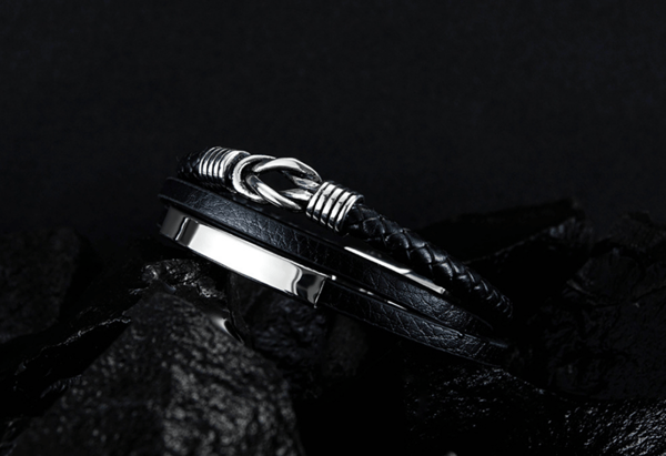 Flettet læderarmbånd til mænd, sort