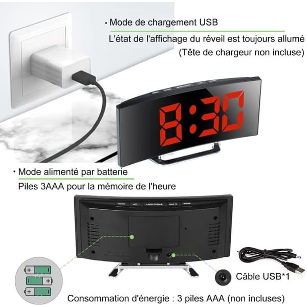 /QD/Digital väckarklocka - Ospecificerad - 7'' LED Spegel - 2 ljusstyrkor - USB-laddning - Batteridrift