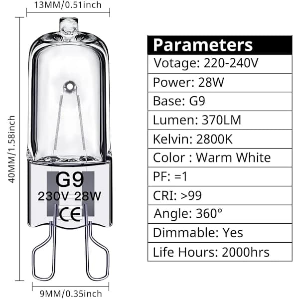 G9 halogenpærer 28W, 230V, 10-pak 28W