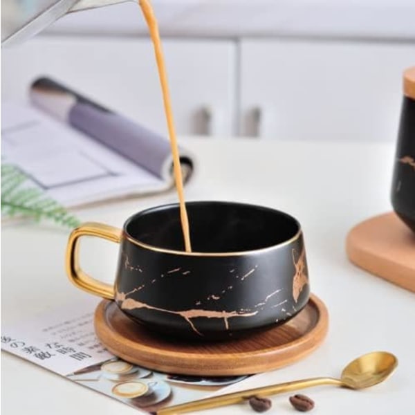 [QD] Qinhai Marmor Keramisk Kaffekrus Sett Tekopp med Skje Treunderlag, Gaver til Valentinsdag Morsdag Eksamen Jul