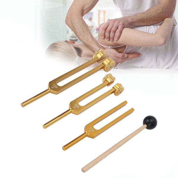 [QD] 3 st Stämgaffelset i aluminiumlegering 128 256 512Hz Kroppsstämgafflar med hammare för ljudhealing guld