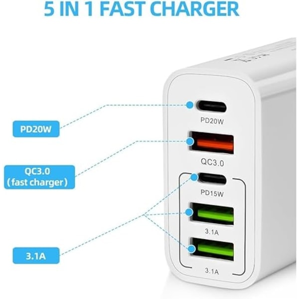 [QD] Flere Lader 65W 5 USB-porter C, QC3.0, USB C PD20W Adapter, Flere Ladere, Raskere og Sikrere Lading. Kompatibel med Alle Mobiltelefoner