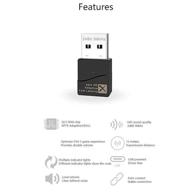 APTX Adaptive, USB Bluetooth 5.2 Lydsender, Driverfri C