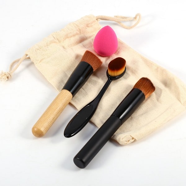 QD-Kosmetisk borstset tandborste smink rouge foundationborste & puderpuff & canvasväska