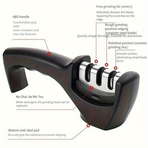 Manuell Knivsliper, 3-stegs, Ergonomisk Design, Svart/Krom, Profesjonell Skarphet_qq