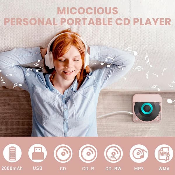 Bærbar Bluetooth CD-afspiller med USB C hurtigopladning, MP3 WMA-understøttelse til rejser og hjemmebrug, sort