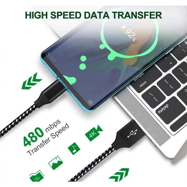 USB 2.0 til USB-C kabel 3A hurtigopladning Sort 2 m