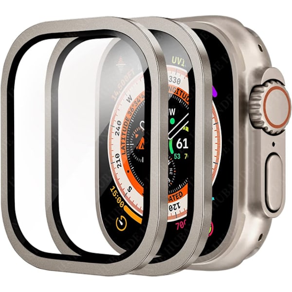 QU)Metallikuori + karkaistu lasi Watch Ultra 49mm lisävarusteille Näytönsuoja Naarmuuntumaton HD Täyskalvo iWatch Ultra 49 mm Titaanikulta