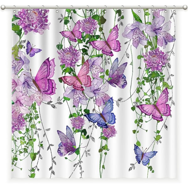 Lila duschdraperi Butterfly duschdraperi för badrum, sommar duschdraperi Lavendel Lila Rosa 12 krokar, 72X72 tum