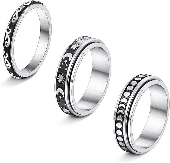 3-delt Spinnerring i rustfrit stål til kvinder og mænd, måne stjerne