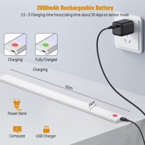 QU/LED Skaplys med Bevegelsessensor, LED Lysstripe for Skap, USB Oppladbar, for Kjøkken, 3 Fargemoduser, 50cm