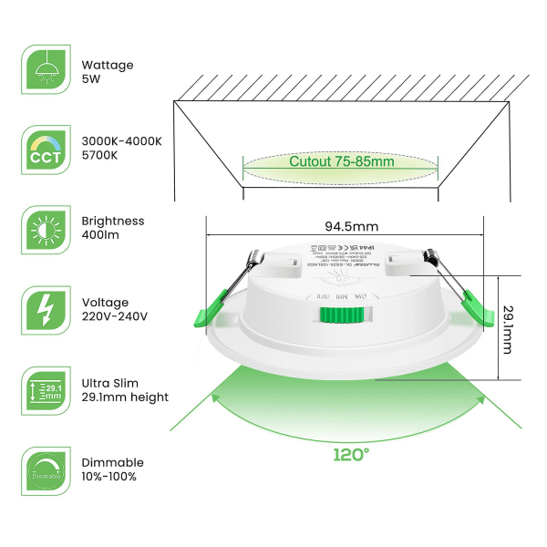 6-pakning 5W ultratynne dimbare LED-downlights Cct 75-85mm utskjæring nikkel