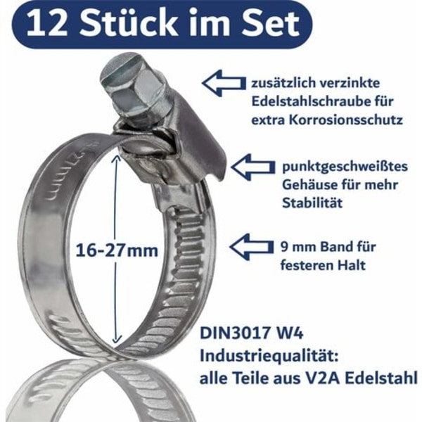 #QD#12 Rostfria metallslangklämmor 16-25mm – Professionella V2A rostfria slangklämmor för tvättmaskin, diskmaskin, slangklämmor 16-25 mm