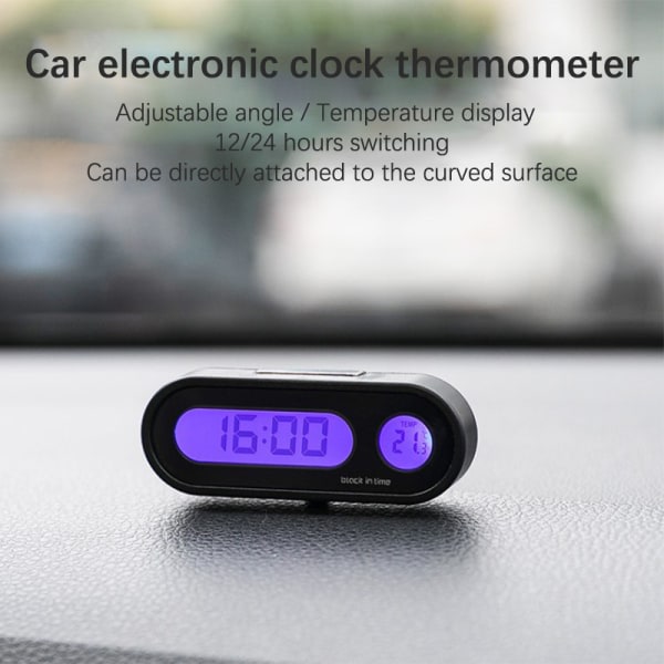 Mini elektronisk bilklocka Ljusande termometer LCD Svart