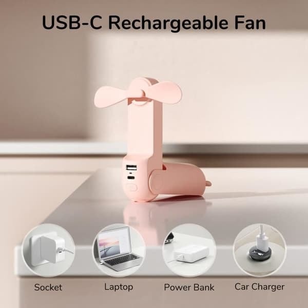 /QD/Mini Bärbar Handhållen Fläkt 3 i 1, Uppladdningsbar, Batteridriven Fläkt med Powerbank Ficklampa Funktion - Rosa