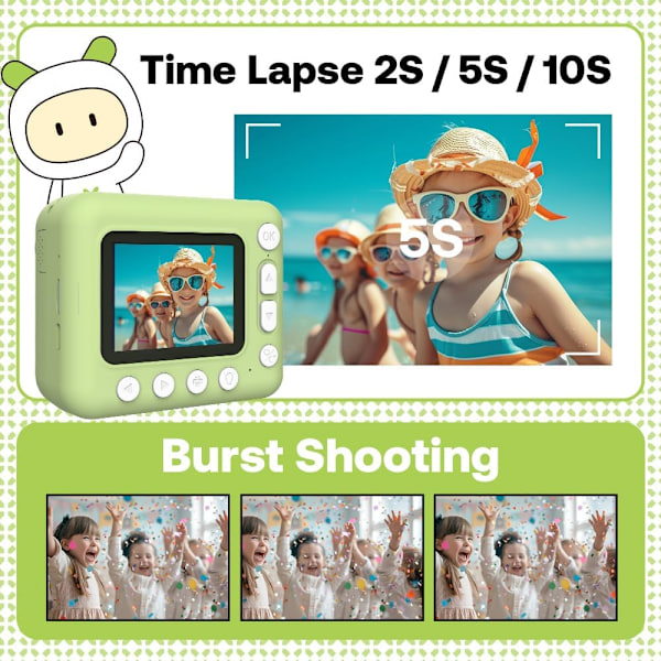 Instant Børne Fotokamera, 1080P 2.4\" Instant Print Kamera til Børn med Termisk Papir Farve Tusser Halsrem, Grøn Green