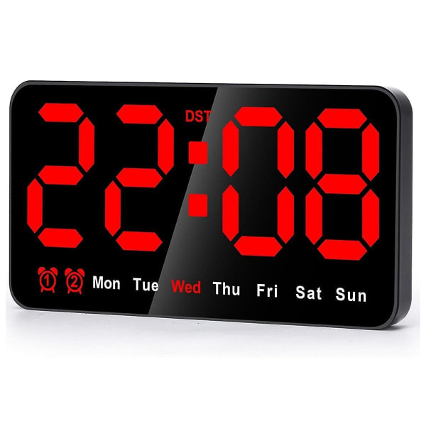 QD-Digital vægur, 9 tommer LED digitalur med 12/24h, store tal, lille lydløst vægur SortRøde Bogstaver