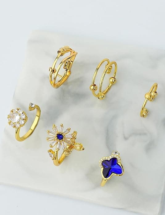 6 stk. Kvinder Guld Fidget Ring til Angst Justerbar CZ Blomst Sommerfugl Spinner Ringe Fidget Angstsmykker Figet Spinnerringe