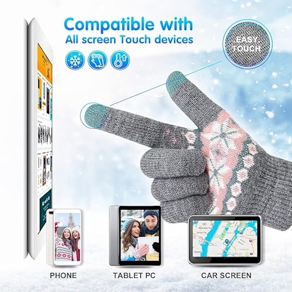 \"QD\" Vinter Touchscreen-hansker Varme Termiske Myke Fôr Elastisk Mansjett for Kvinner Lysegrå