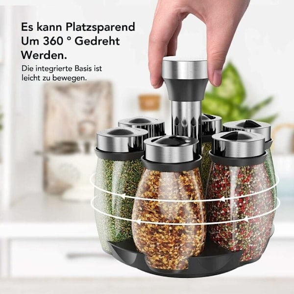 Kryddburkar kryddställ, 360° roterande kryddkarusell, transparent bärbart kryddställ i rostfritt stål med 6 glasburkar,˜QD