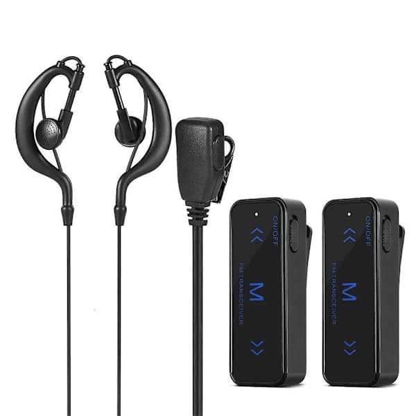 Sett med 2x mini walkie talkie 2-veis FM-radiosender/mottaker + 2 hodetelefoner USB-lading