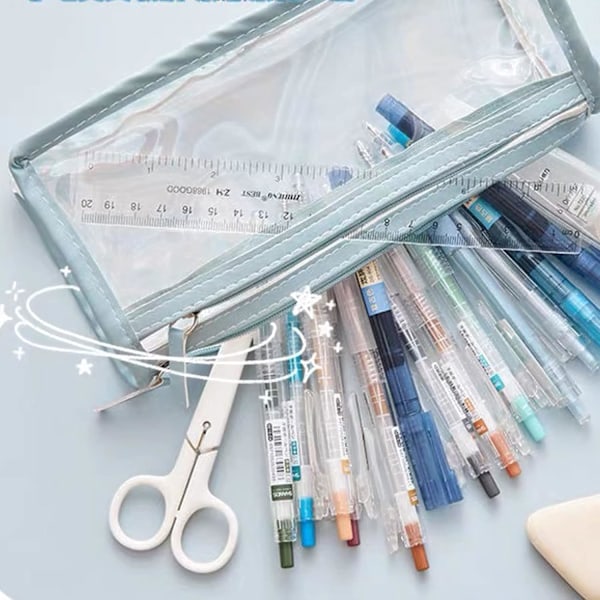 Transparent pennfodral väska pennhållare brevpapper dubbel dragkedja arrangör sminkväska för skola kontor resor, blå