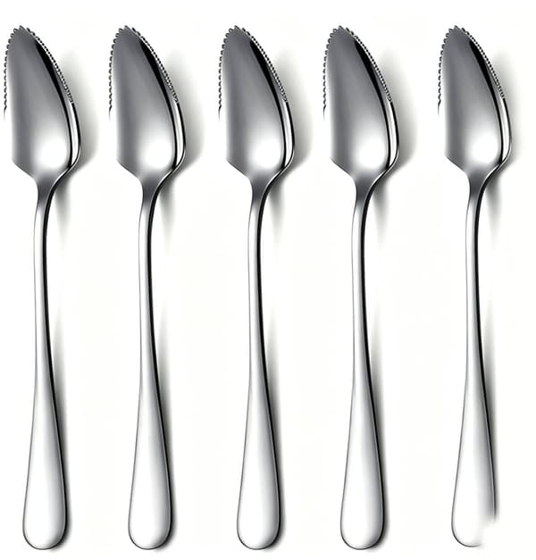 Grapefruktskjeer, taggete kant i rustfritt stål fruktredskaper for sitrusfrukter, appelsiner og kiwi, 5-delt sett, sølv, 17 cm