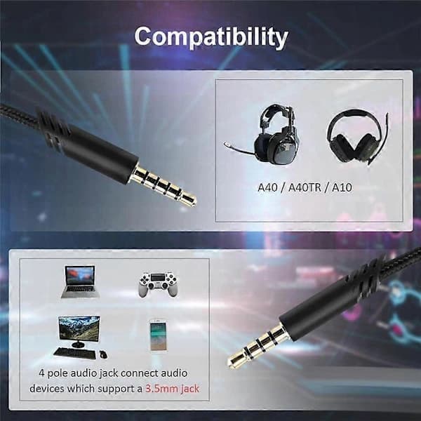 Erstatningskabel til Astro A40 Headset, Lydkabel til /A40 Gaming Headset, til