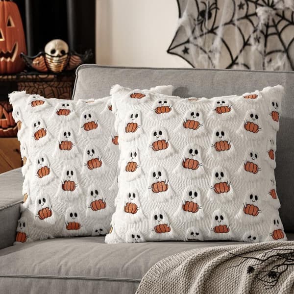 Halloween Kuddfodral - 45×45cm med Pumpa & Spökdesign, Festlig Prydnadskudde