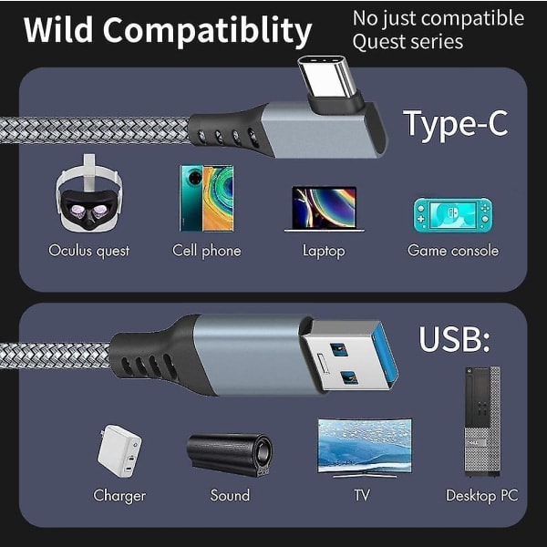 QD-Link-kabel for Oculus Quest 2 Hurtiglading og dataoverføring USB C 3.2 Gen1 5 Gbps PD-overføringsladekabel VR-headset Link-kabel Grå Grey 6M