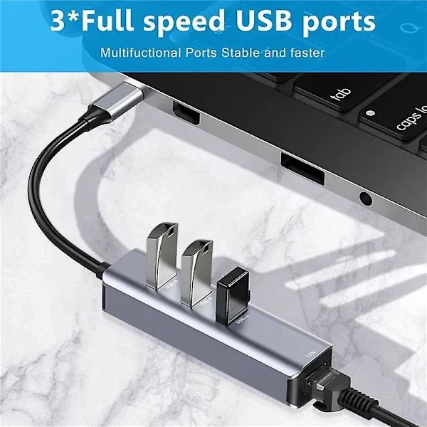 QU-USB C til Ethernet-adapter, RJ45 til USB C til 3/Type-C Gigabit Ethernet LAN-netværksadapter til Pro, A