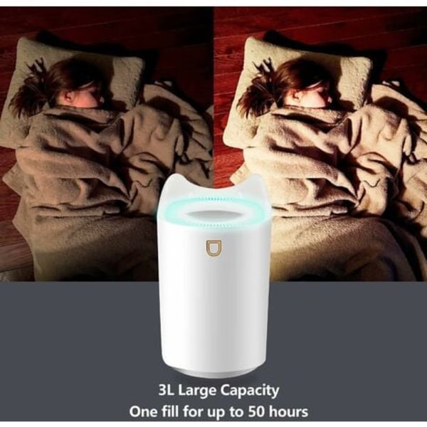 QQU-Luftfugter til soveværelse, USB 3L luftfugter med 2 sprayhuller, op til 24-48 timers kontinuerlig drift til hjemmet, yoga, kontor