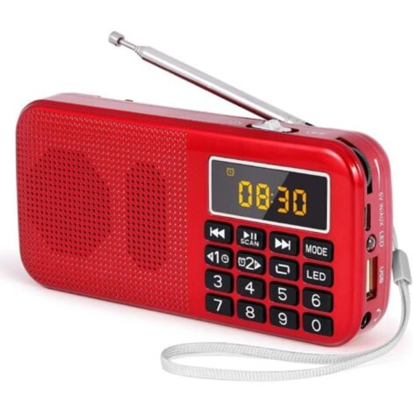#QD#Bärbar radio, FM-radio med uppladdningsbart batteri med hög kapacitet (3000mAh), stöd för MP3 / SD / USB / AUX, röd