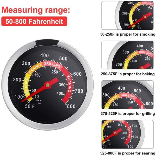 Analogt termometer i rustfritt stål for grill og ovn