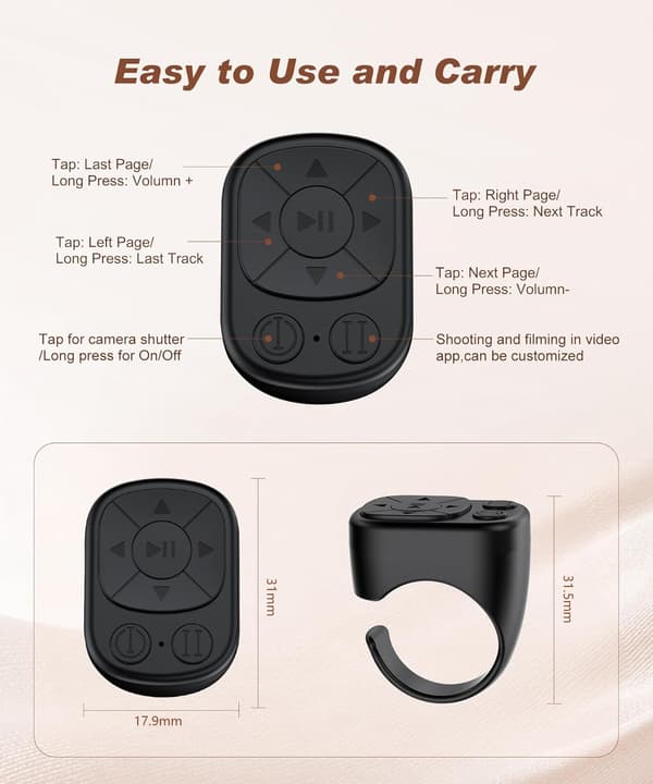 TikTok Ring Remote Control - Bluetooth Remote Control for iPhone and iPad, Camera Button, Video and Music, Compatible with iOS and Android black black black