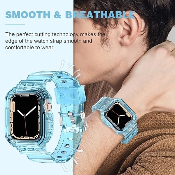 [QD] Kompatibel med Crystal Clear Apple Watch-armbånd, 42 mm 44 mm 45 mm med stødfangerbeskyttelse til mænd og kvinder Jelly Sport-etui og armbånd /Blå