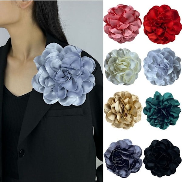 Stor Blomst Broche Mode Fransk Badge Satin Dekorativ Nål Rød Grøn