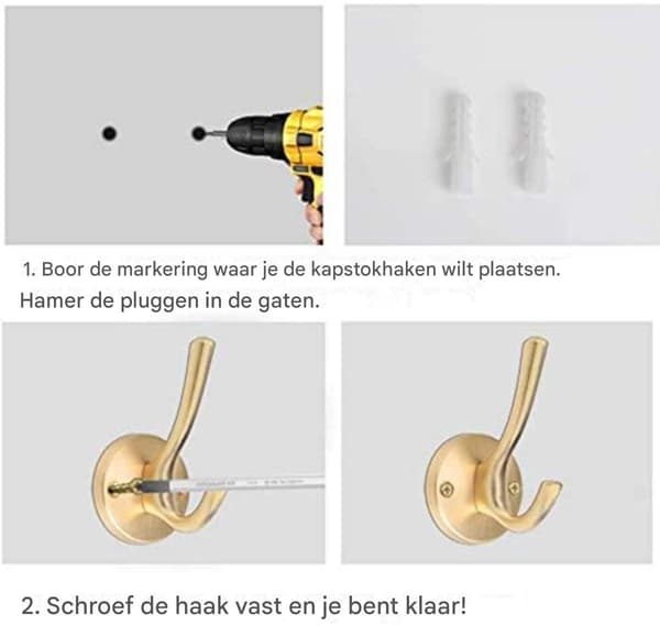 Gull Klesknagger, Veggkroker, Dobbel Krok, Gull, 4-pakning