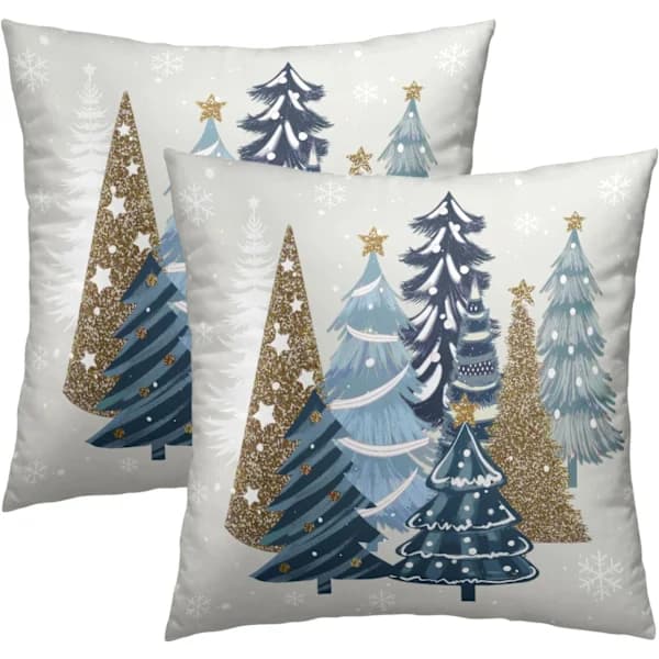2-pack 45x45 cm Jul Kuddfodral - Blå Tallar & Snöflingor Design - Dekor för Soffa & Divan under Vinterhelgerna