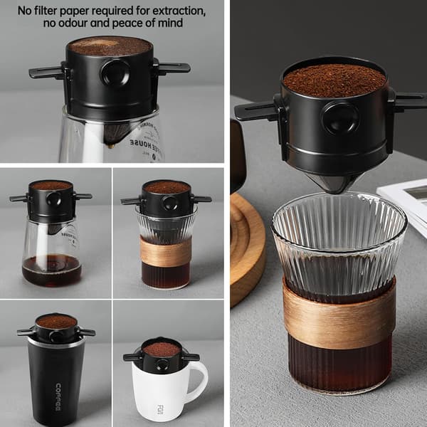 Kaffefilter - Genanvendelig Kegle til Drypkaffe - Rustfrit Stål - Inkluderer Glaskande