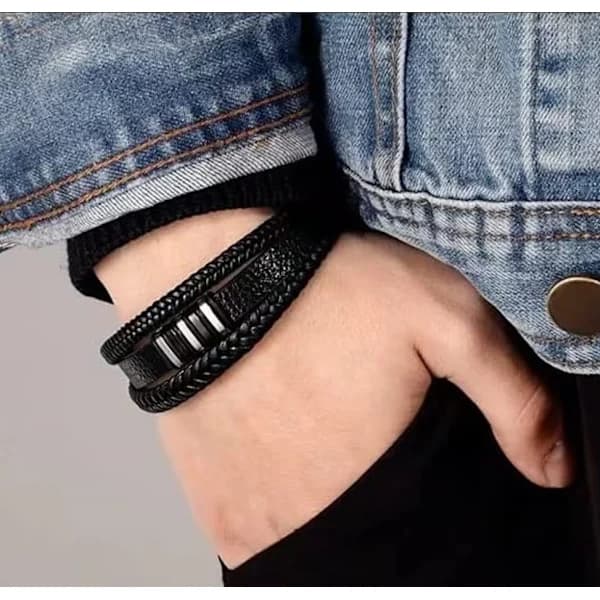 Sort læderarmbånd til mænd - Gave til mænd 23 cm